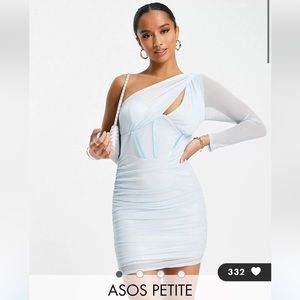 Petite one shoulder corset drape mesh mini dress